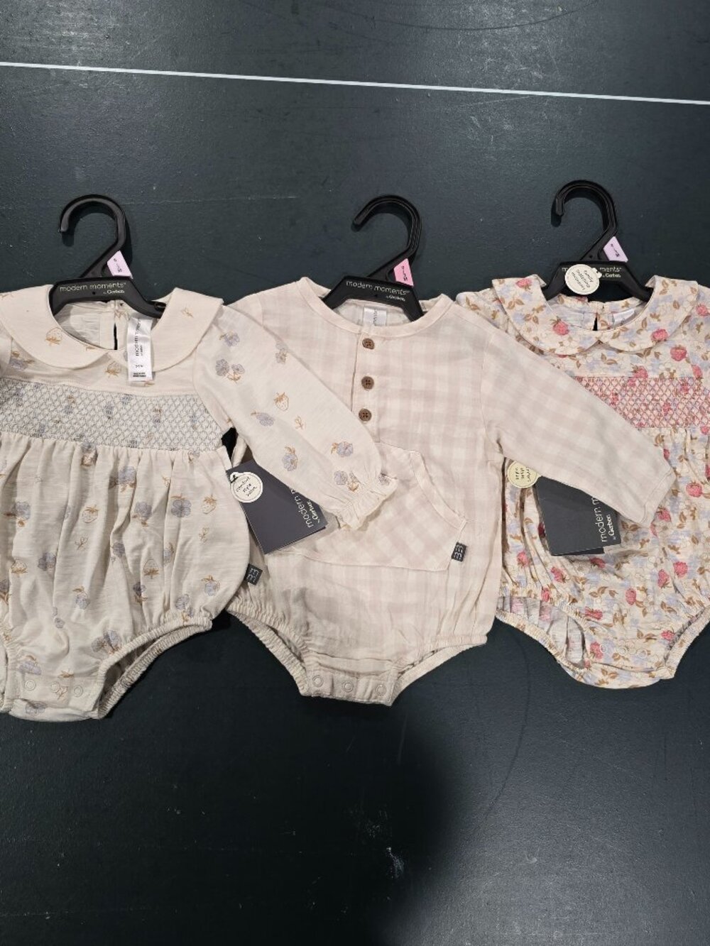 NWT Modern Moments Gerber Baby Rompers Bundle 0-3M Floral Smocked Neutral 3 Pc